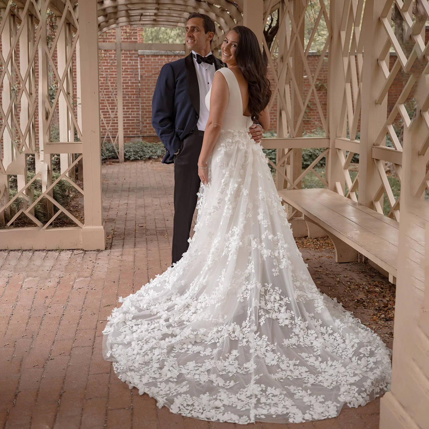 3D Embroidery Flowers Wedding Dress Customized V Neck Open Back Romantic Fairy Plus Size Unique Matte Satin Modern Bridal Gown
