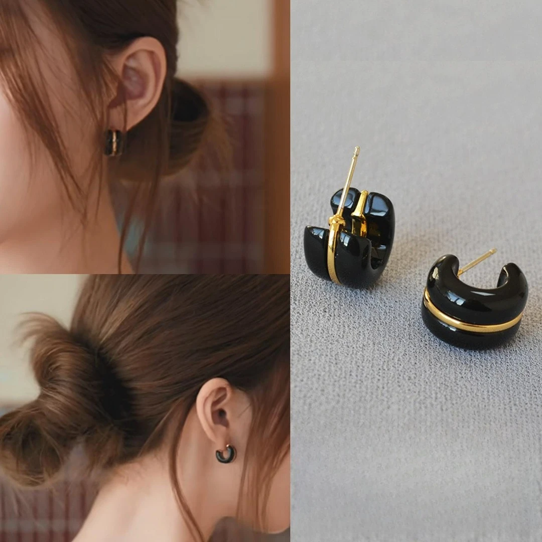 Natural Black Onyx Gemstone C Shaped Stud Earrings 925 Sterling Silver Celebrity Inspired Luxury Daily Fine Jewelry For Women