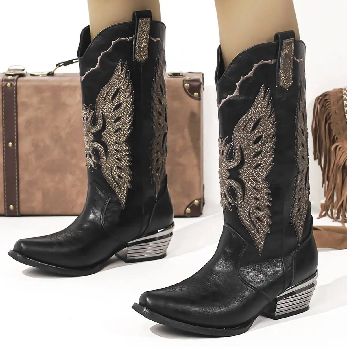 Western Cowboy Boots Autumn Women's Boots Chunky Heel Mid Calf Boots Fashion Boots V-Cut Embroidered Riding Boots leather boots