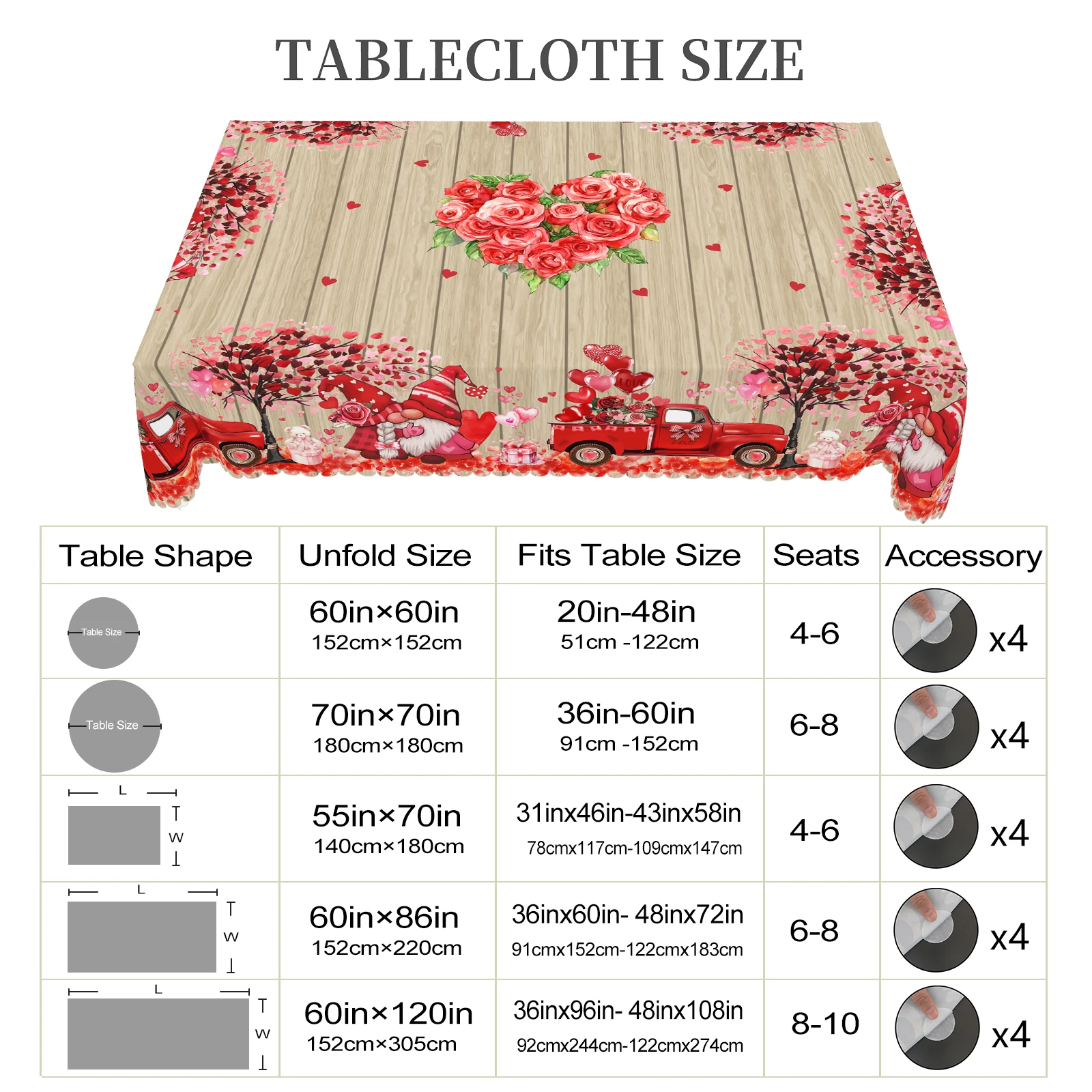 1 Piece Valentine\'s Day Round Tablecloth, 5 Sizes Available, Love Dwarf Wood Panel Pattern Tablecloth, Matching 4 Tablecloth Stickers, Edge