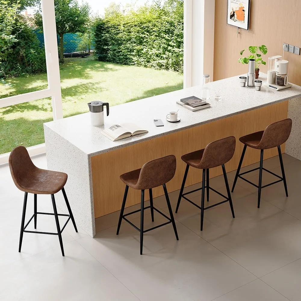 ชุดเก้าอี้บาร์สูง 24 นิ้วหุ้มผ้า 4 ตัวพร้อมพนักพิงและขาโลหะ