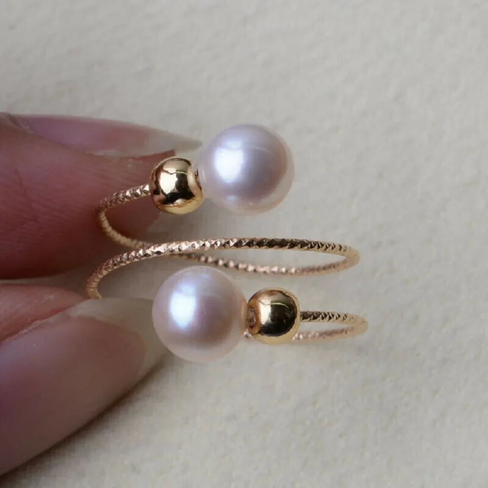 Bestselling Double Pearl Ring AAA+6-7mm 7-8mm 8-9mm 9-10mm 10-11mm Natural Akoya White Round Pearl Ring, 14k Gold Elastic