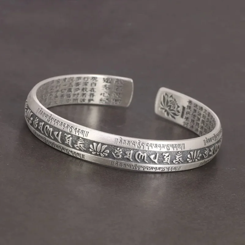 Real 999 Pure Silver Cuff Bangle Engraved Heart Sutra Six-character Mantra Retro Lovers Men's and Women's Bracelets Open Type