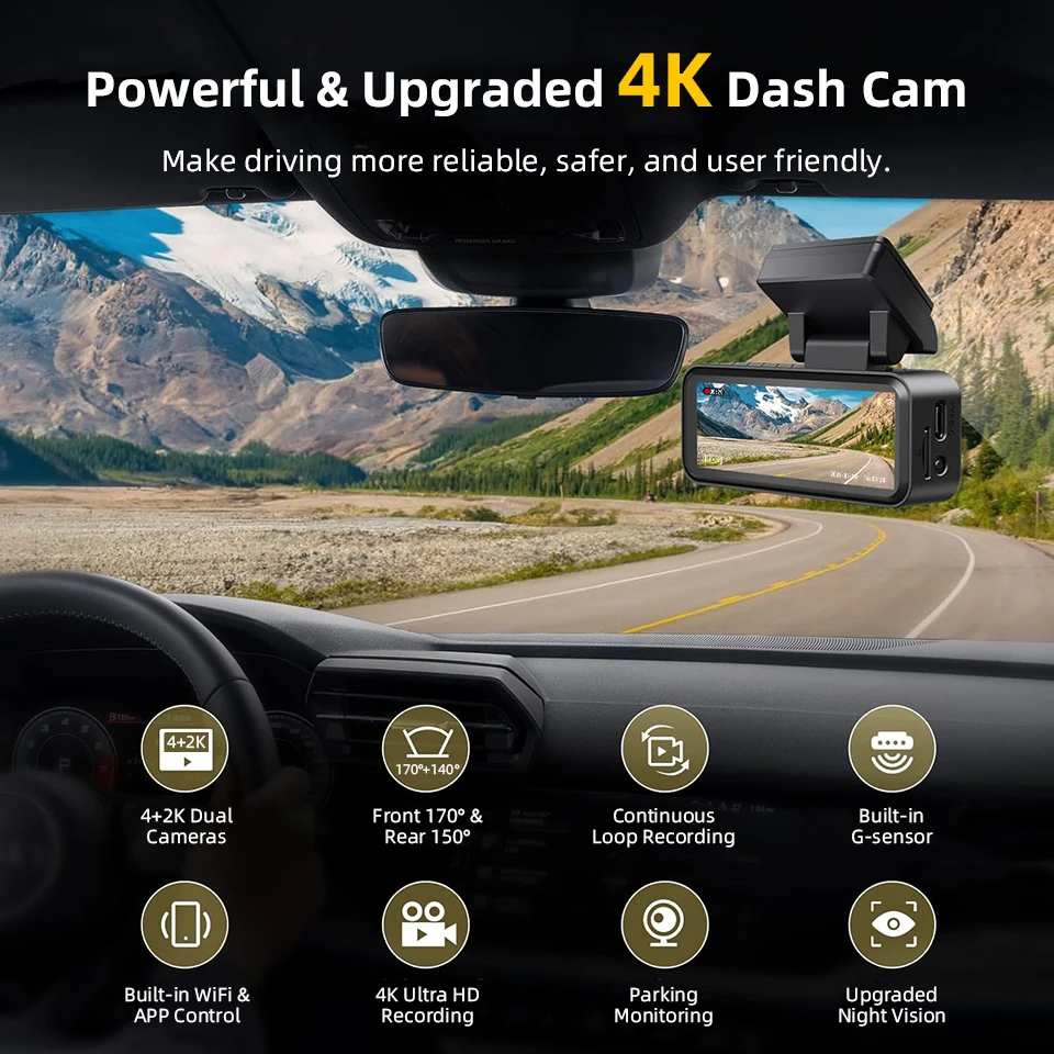 4K Dash Cam Built-in WiFi GPS HD Night Vision Driving Recorder Loop Recording Support APP Control 24H Parking Monitoring