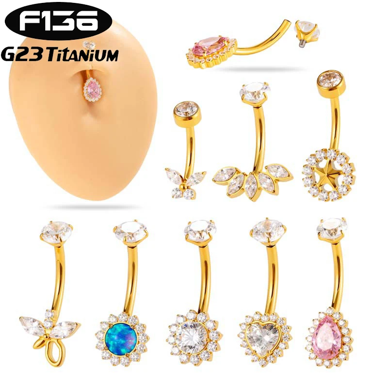 1PC G23 Titanium Piercing Belly Button Ring Internal Thread Navel Ring Zircon Butterfly Flower Barbell Ombligo Piercing Jewelry