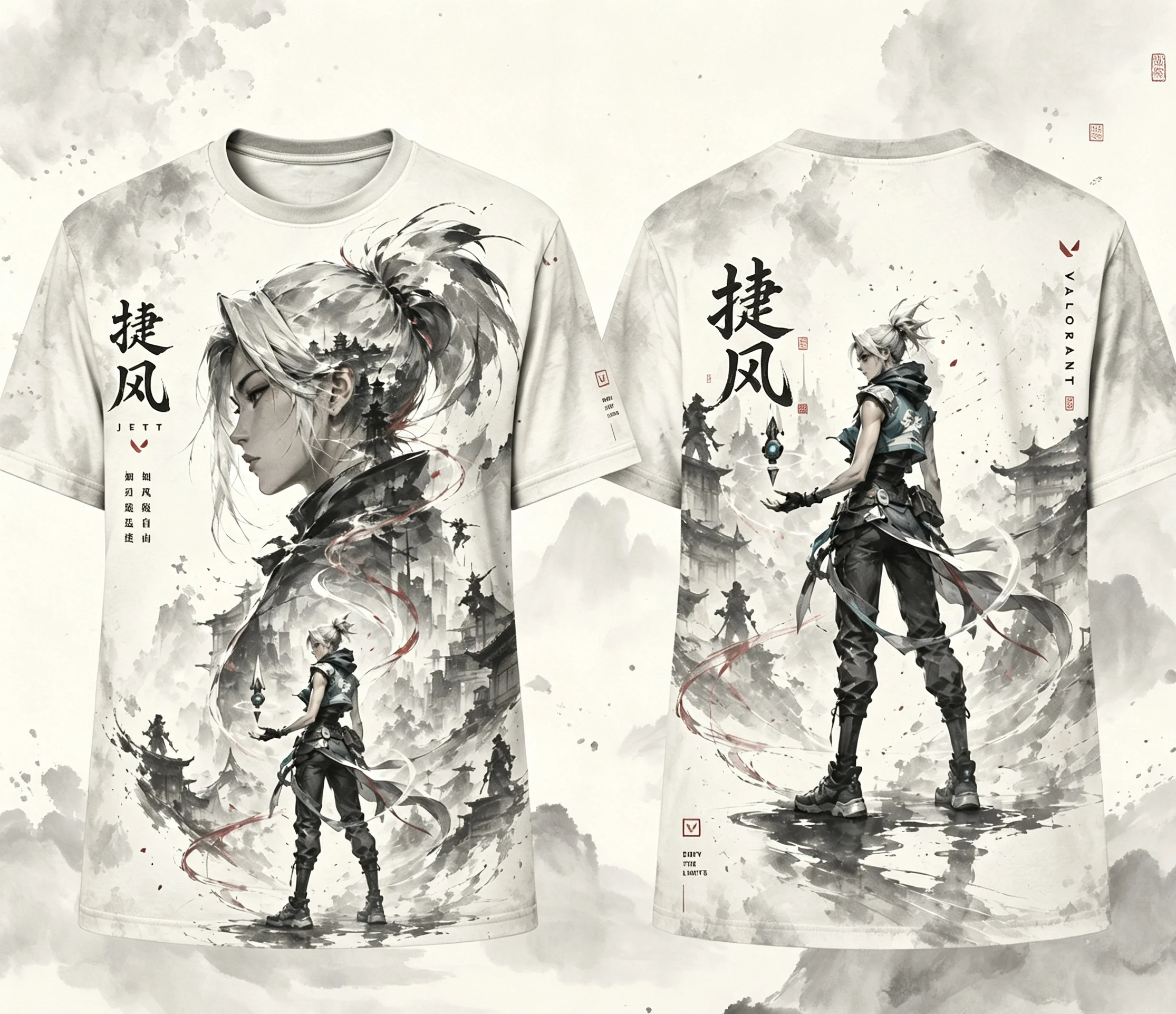 Valorant Jett 3D‑Print T‑Shirt Ink‑wash Style Game Character Tops Quick‑dry Breathable Unisex Casual Short‑Sleeve Tees
