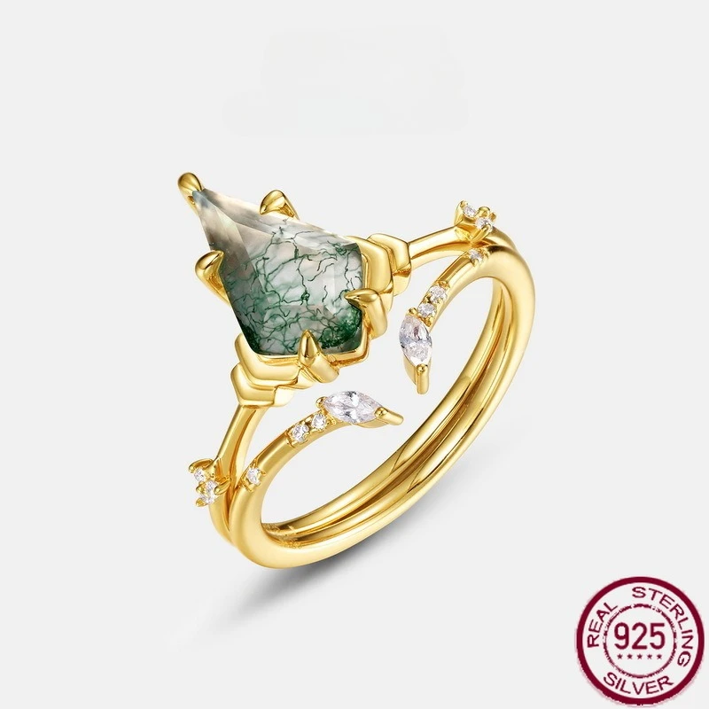 

New S925 Pure Silver Geometric Water Grass Agate Set Kite shaped Green Moss Stacked Ring Fashion Wedding Jewelry