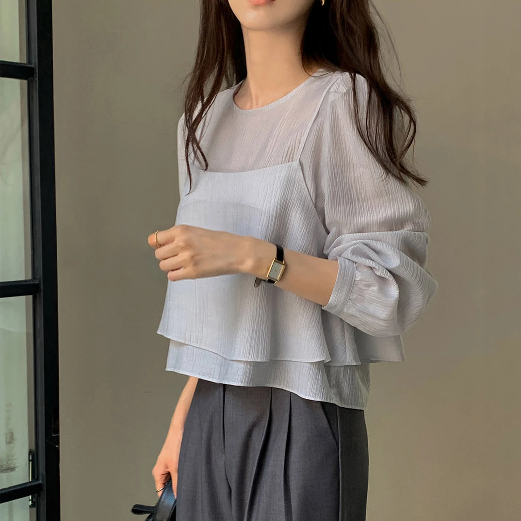 

Unique Long Sleeve See-through Tank Top Strap Vest Two-piece Set Women's Fashion round Neck Lantern Sleeve Color Polyester