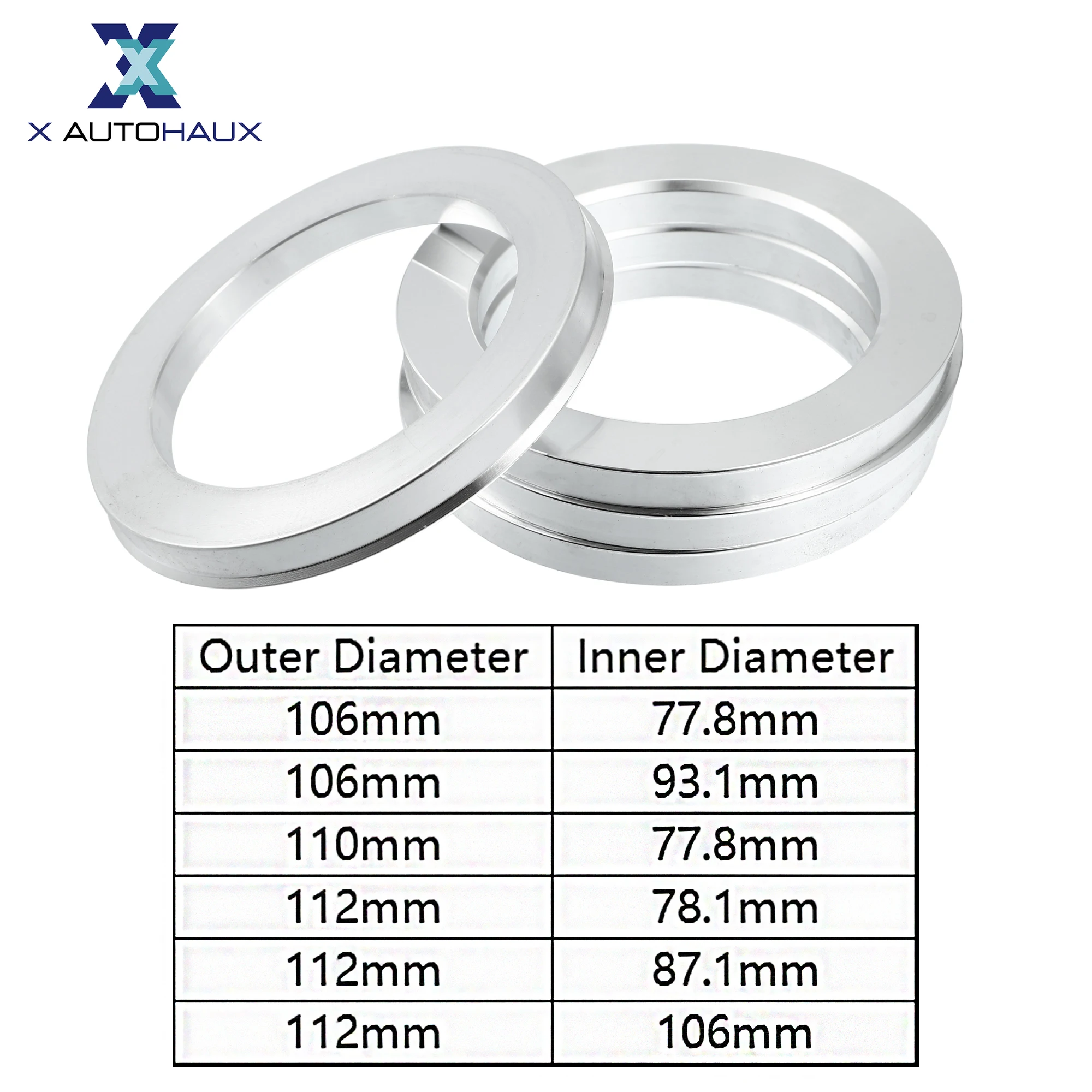 

X Autohaux 4pcs 106mm-77.8mm/93.1mm 110mm/112mm-77.8mm 112-87.1mm/106mm Aluminium Alloy Car Hub Centric Rings Bore Spacer