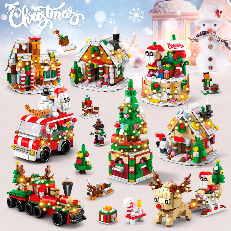 6 In 1 Christmas Series Building Blocks Set Creative Winter Village House Elk Train Picnic Car DIY Bricks Toys For Kid Xmas Gift