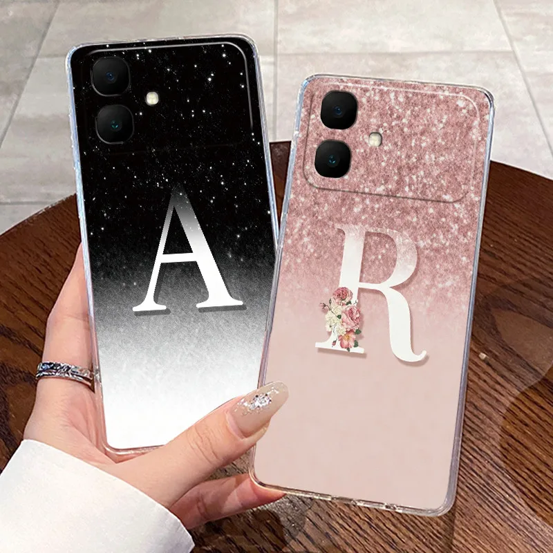 Clear TPU Shockproof Soft Phone Case For Infinix Smart 20 4G Jelly Casing Letter Pink Shiny Starry Sky Pattern Couple Shell