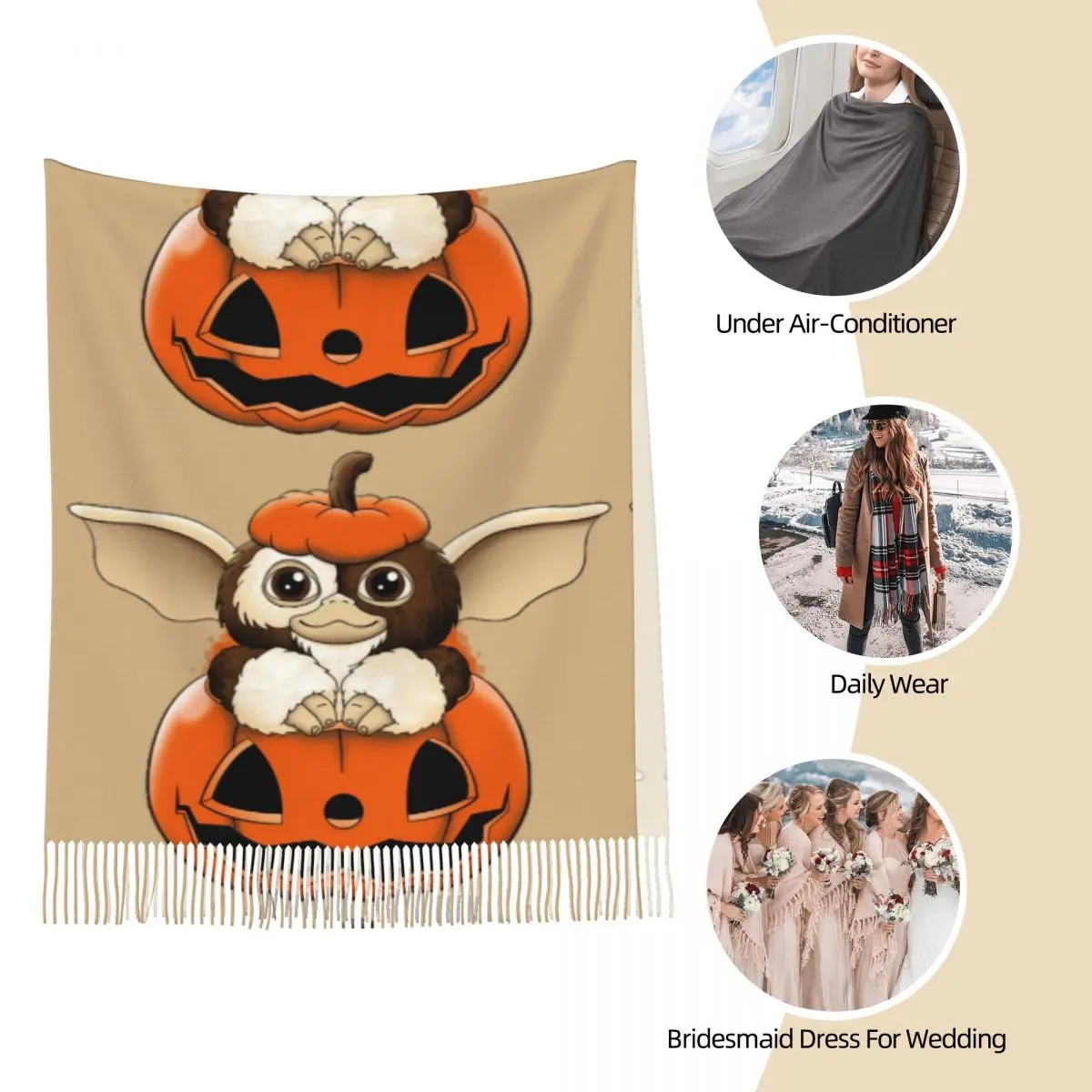 Women\'s Scarf with Tassel Spooky Mogwai Pumpkin Long Super Soft Shawl and Wrap Gremlins Halloween Gifts Pashmina Scarves