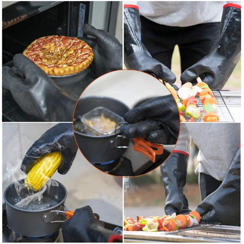 14/18inch BBQ Gloves Neoprene Coating High Temperature Heat Insulation Oil Resistant Long Oven Microwave Barbecue Grill Gloves