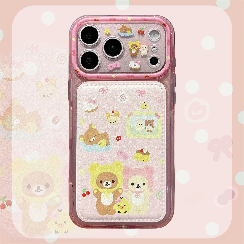 Cute Card Holder Magnetic Phone Case For iPhone 15 16 17 Pro Max Pink Dessert Cherry Bow Cartoon Shockproof Protective Cover