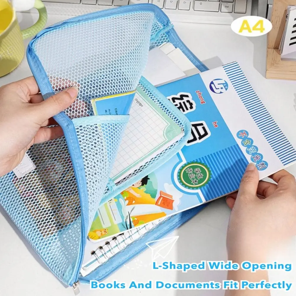 Cartella di file A4 in rete semplice Borsa di file di grande capacità color dopamina Regalo per organizer per carta di prova a forma di L con grande apertura