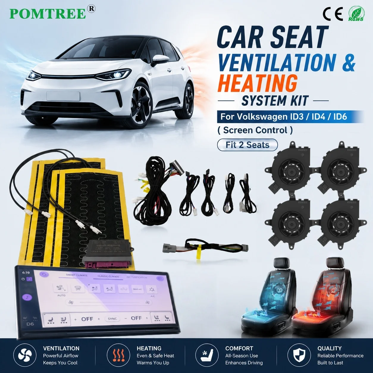 Built-in Car Seat Ventilation Cooling And Heating System Kit Fit 2 Seats,Compatible With Volkswagen ID3/ID4/ID6 Screen Control