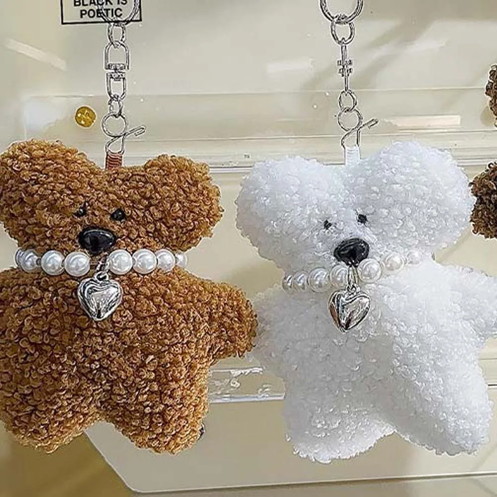 Pearl Necklace Bear Plush Bear Keychain Animal Decoration Plush Bear Doll Soft Stuffed Cartoon Korean Car Key Ring Birthday Gift