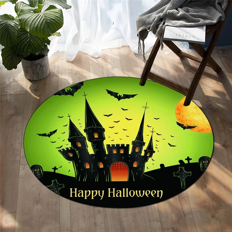 

Happy Halloween Round Carpet Castle Bat Print Area Rug for Living Room Bedroom Chair Non Slip Horror Theme Floor Mats Yoga Mat