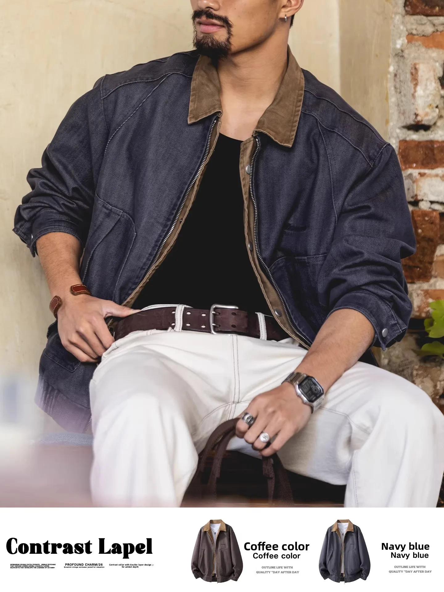 

Мужская куртка свободного кроя с контрастным воротником в стиле рабочей одежды, весенне-осенняя повседневная винтажная верхняя одежда, модное пальто на пуговицах