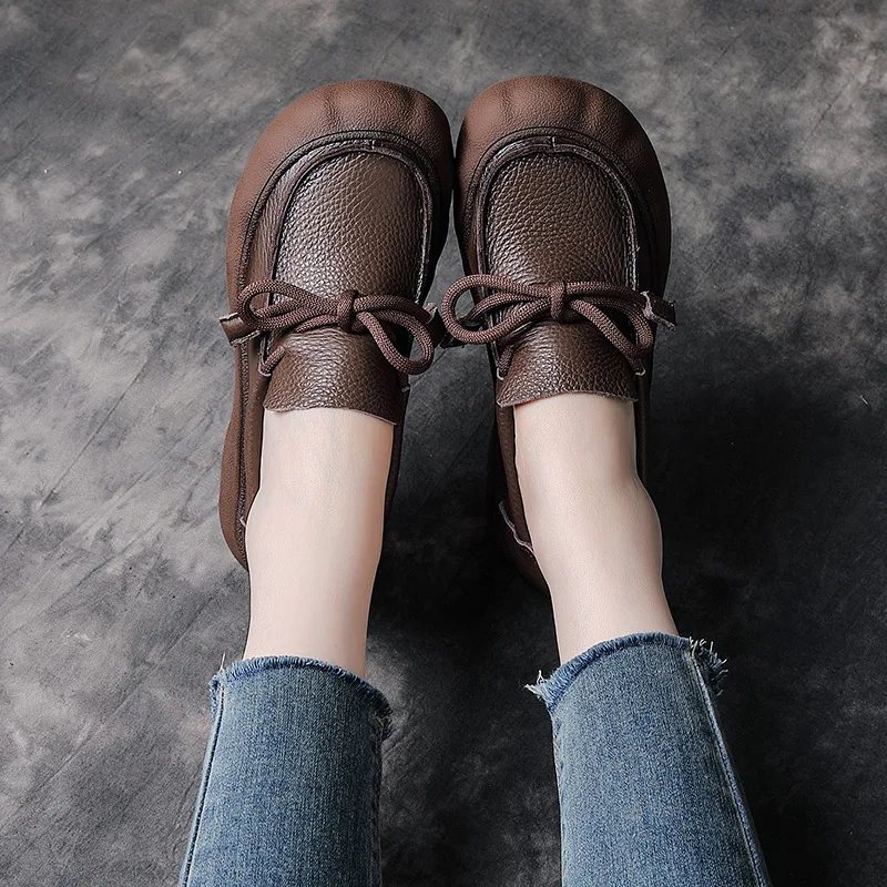 

2025 Autumn New Vintage Handmade Genuine Leather Casual Shoes Soft Bottom Round Toe Women's Flat Shoes