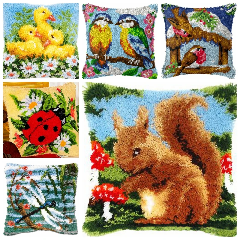 

Latch Hook Pillow Cushion Kits Bird Squirrel Cross Stitch Needlework Crocheting Cushion Animal Pattern Embroidery Home Decor DIY