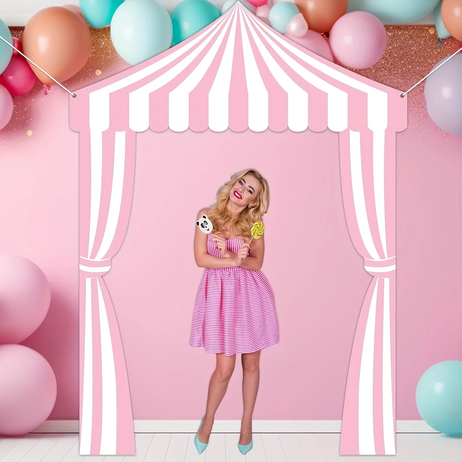 3 قطعة مظلة حفلة السيرك الوردي كرنفال موضوع الزينة الأبيض والوردي مخطط الشرفة راية كرنفال خيمة لموضوع السيرك