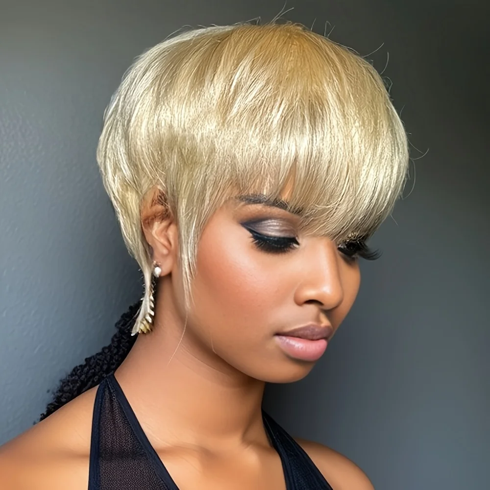 short straight 6inch 613 blonde color daily party use remy wig machine made pixie cut human hair wigs 150% density  for women