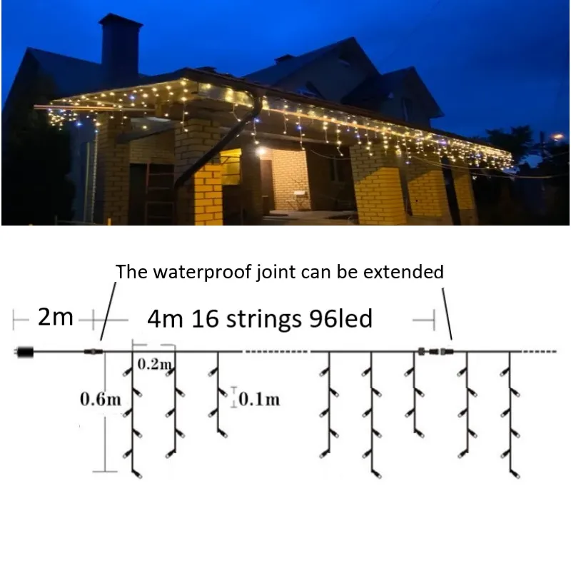 Kerstmis Decoratie Sterrenhemel Stijl Led Icicle String Lights met fonkelende flitsers (Warm wit + Koel Witte stroboscoop) 4M (W) * 0.4/0.5/0.6m (H) eu/us Plug Safety Power Operator New Year Eve 2025 Voor Bruiloft、Home