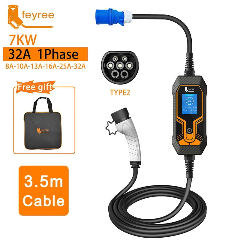 

feyree 11KW 16A 3 Phase EV Portable Charger 32A 7KW Type2 3.5M Cable EVSE Charging Box Car Charger CEE Plug for Electric Vehicle