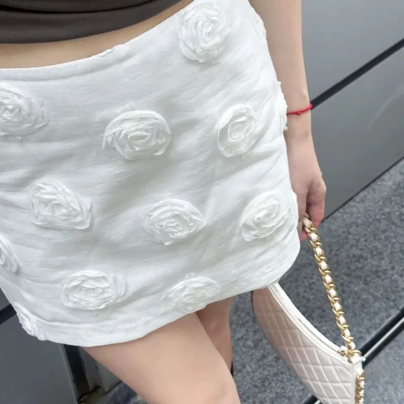 2024 Summer New Fashion Versatile Solid Color Skirt 3D Flower High Waist A-line Short Skirt