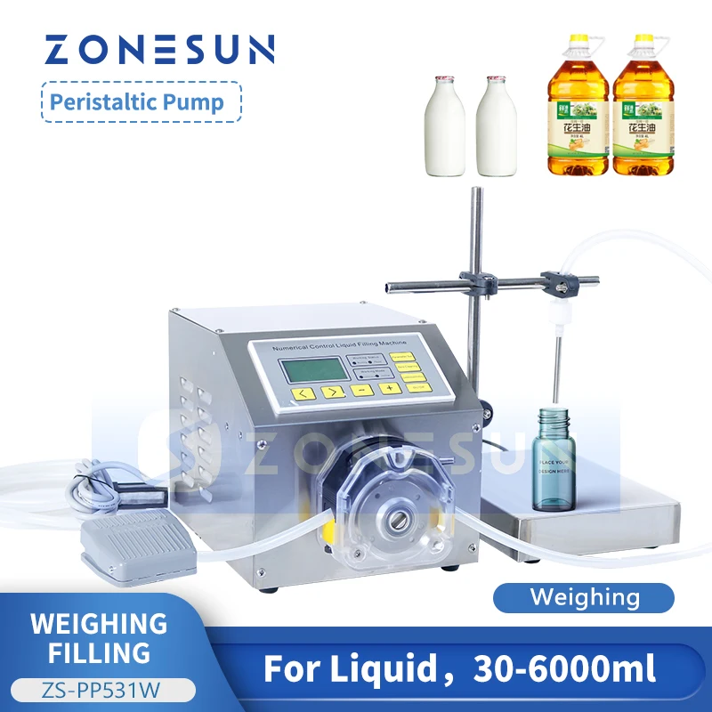 ZONESUN Digital Control Edible Olive Oil Juice Milk Coffee Liquid Peristaltic Pump Weighing Filling Machine For Drinks ZS-PP531W