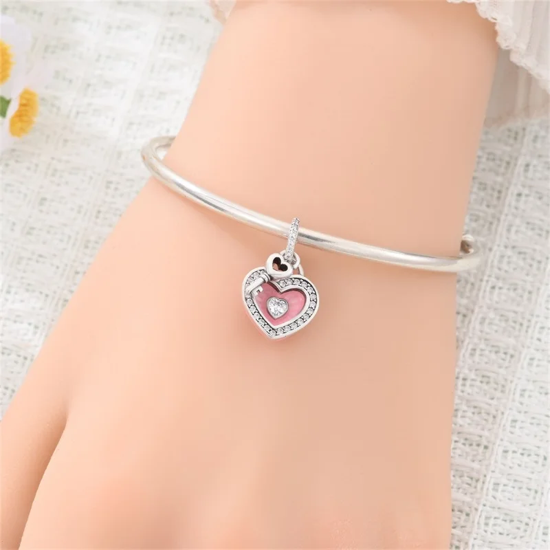 

925 Sterling Silver Pink Heart Lock CZ Zircon Charms Bead Fit 3mm Original Bracelet DIY Women Exquisite Birthday Jewelry Gifts