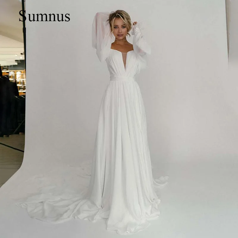 Simples vestido de casamento de cetim sólido puff manga zíper querida botão traseiro drapeado elegante vestidos de noiva de novia