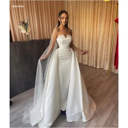 Amanda Customized White Pearls Strapless Veil Party Dress Satin vestidos para mujer A-line Floor-Length Wedding Dresses 2024
