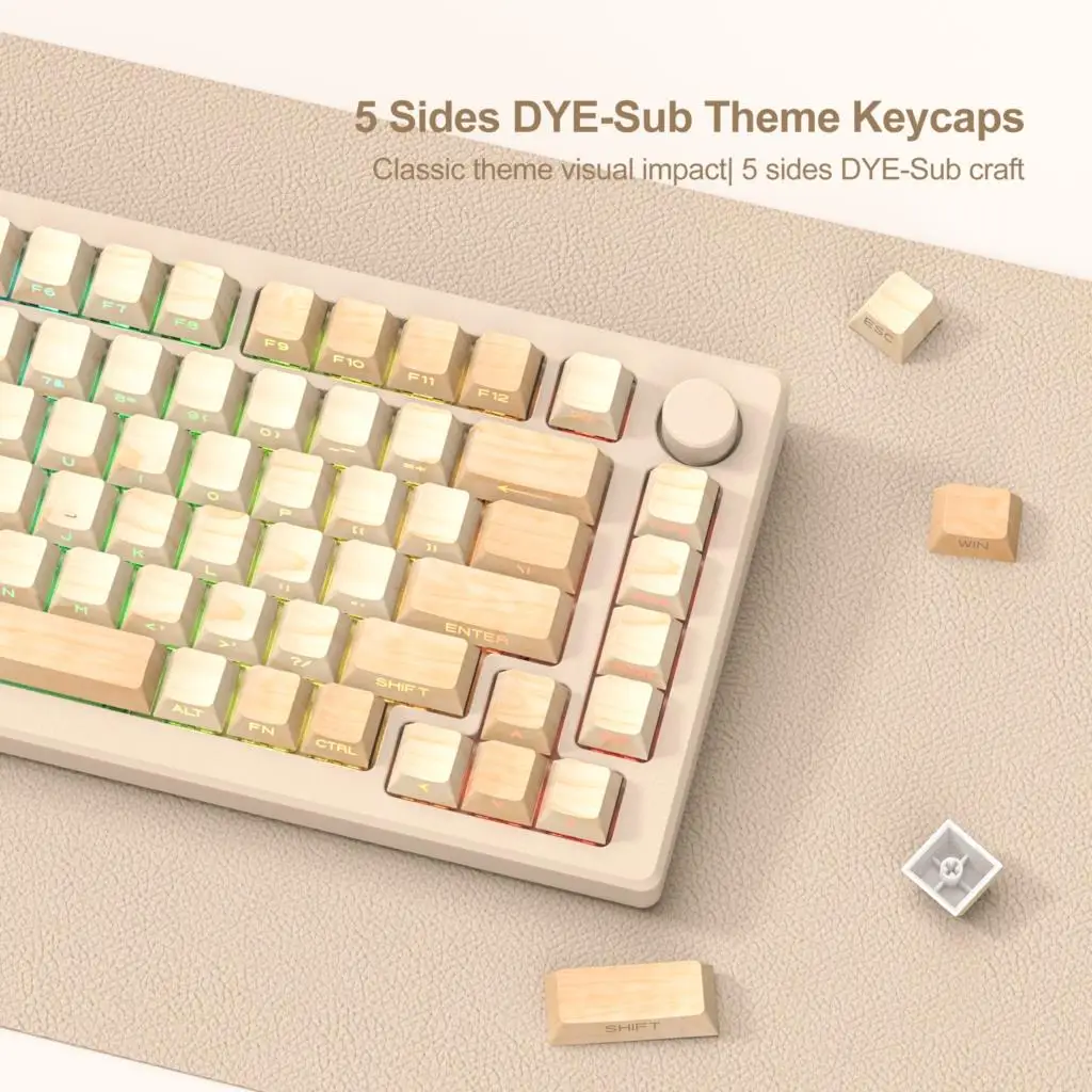 Keycaps de grão de madeira, Double Shot Side Print, Dye Sub Brilho Através Keycaps, Cherry Perfil Keycaps para Switches MX, 136 Chaves