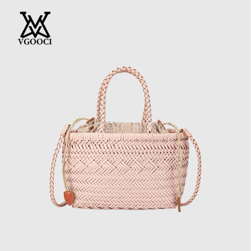 

VGOOCI Women's Vintage Hand Knitted Designer Split Leather Large Shoulder Bag Elegant Handle Female Totes Luxury Brand Handbag