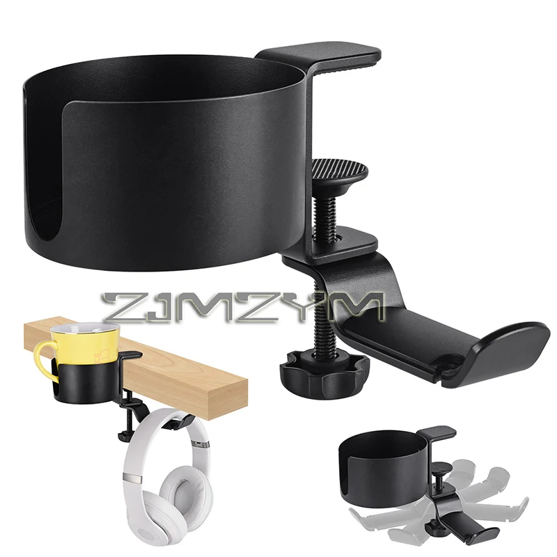 

2 In1 Desk Cup Holder Universal Adjustable Cup Holder Clamp with 360° Rotatable Headphone Hanger, Anti-Spill Table Cup Holder