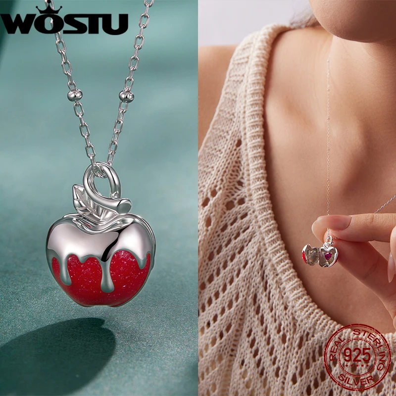 

WOSTU 925 Sterling Silver Christmas Apple Necklace Sweet Blessings Can open White Gold For Women Festive Girl Gift Fine Jewelry