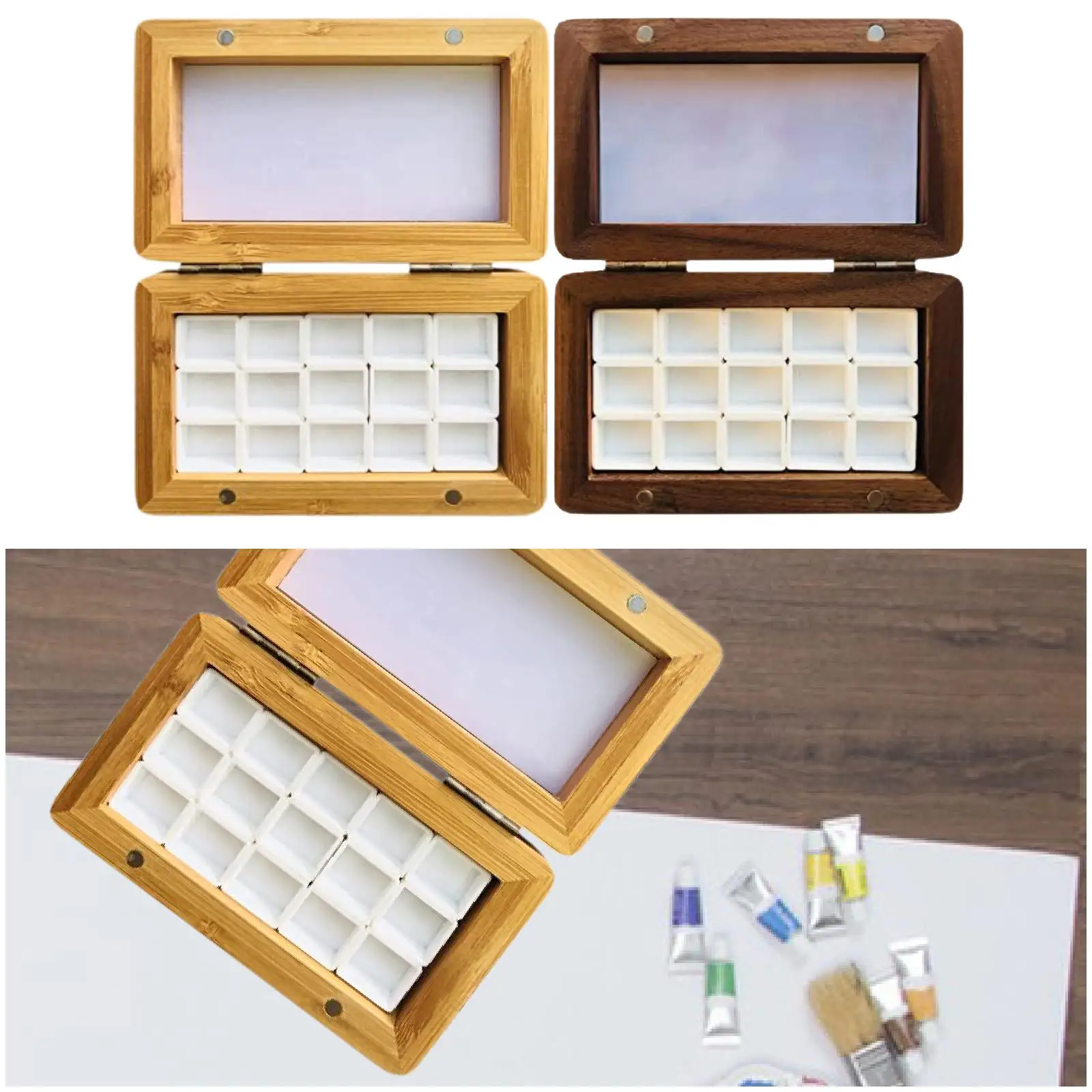 Watercolor Paint Box 15 Grids W/Lid Gouache Mixing Tray Empty Palette Box Wood Paint Tray for Crafting Painting Travel Painters