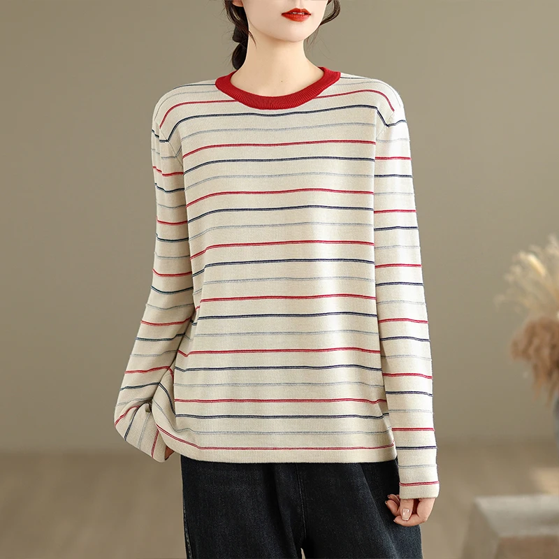 Maglione di lana ultra morbida rotondo strato base Ne calore patchwork a righe dimagrante pendolarismo da donna misto lana poliestere