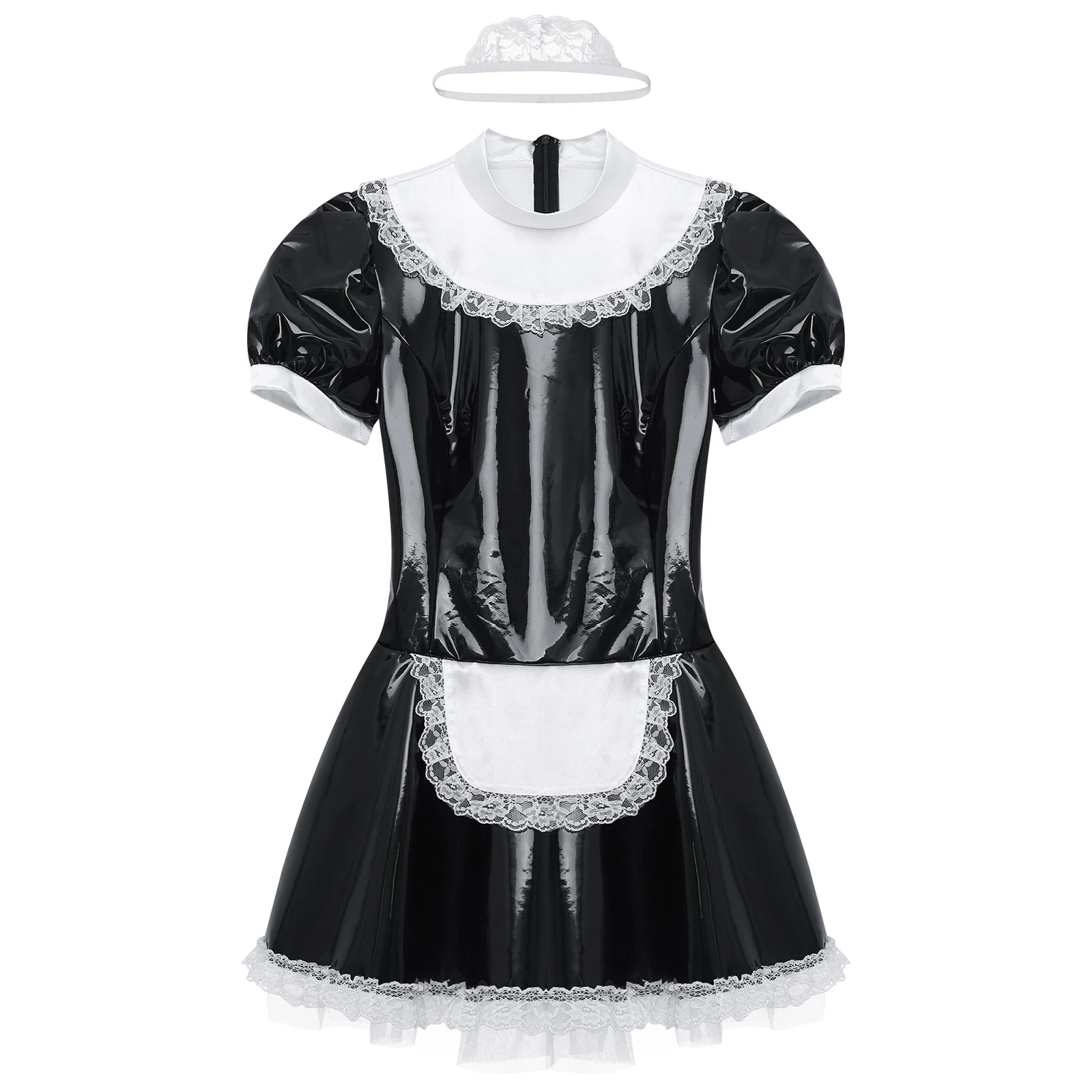 Mens Ruffle Lace Sissy Maid Dress Sexy Servants Maid Uniform Naughty Maid Cosplay Patent Leather Dress with Apron Outfits