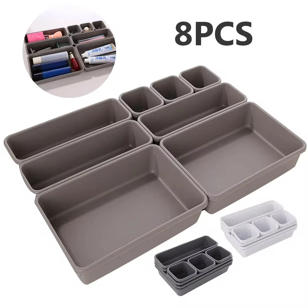 Caja organizadora de cajones ajustable, bandejas de maquillaje, cosméticos, artículos diversos, soporte divisor, cocina, baño, armario, caja de joyería, 8 piezas por juego