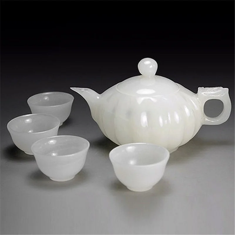 Natural White Jade Tea Set Kung Fu Tea Ceremony Teapot One Pot Four Cups