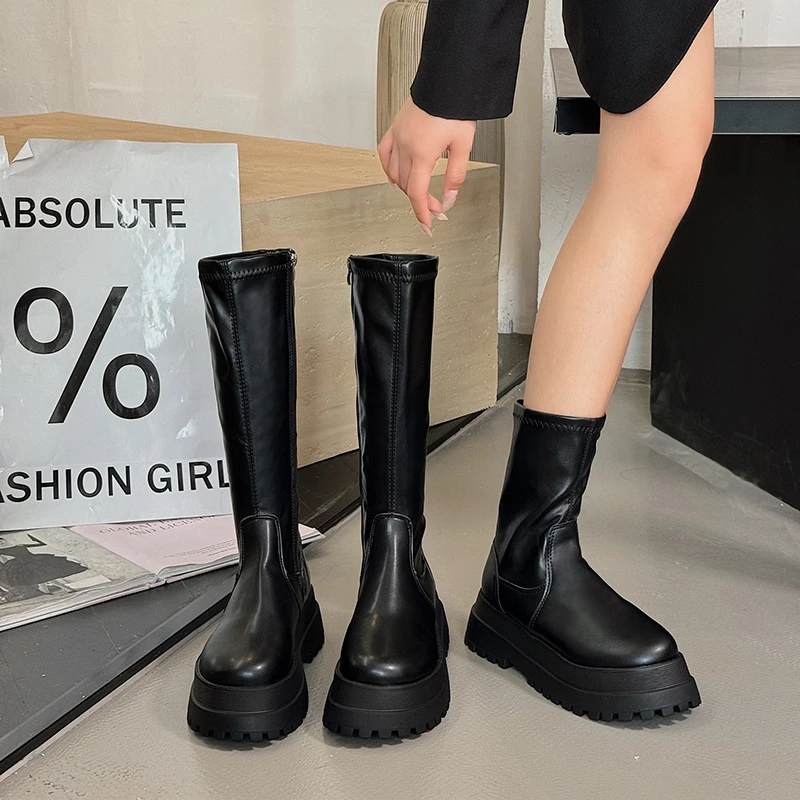 

20256 Winter Chunky Platform Heels Long Boots Round Toe Zipper Thick Sole Ladies Fashion Winter Women's Knee High Boots