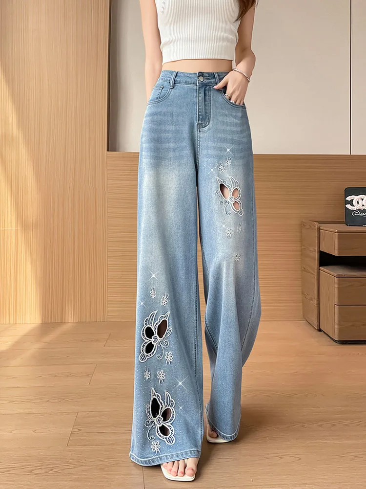 

Summer Women's Blue Rhinestone Jeans American Fashion High Street Straight Leg Embroidered Butterfly Hollow Out Denim Pants