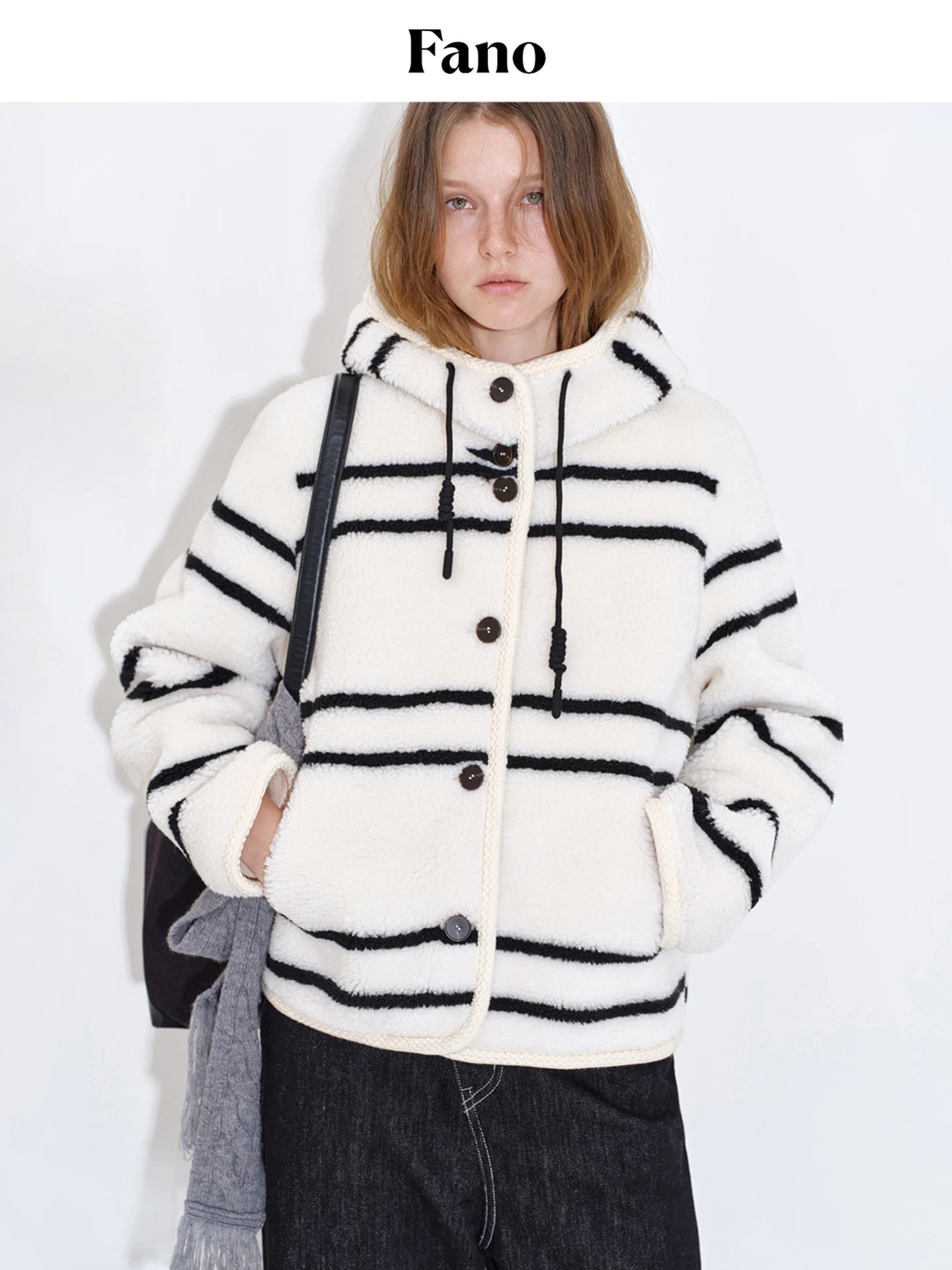 

Fano Lazy Style Lamb Fur Coat Women's Black White Stripes Hooded Leather And Fur Integrated Winter Jacket Casual Loose Fit