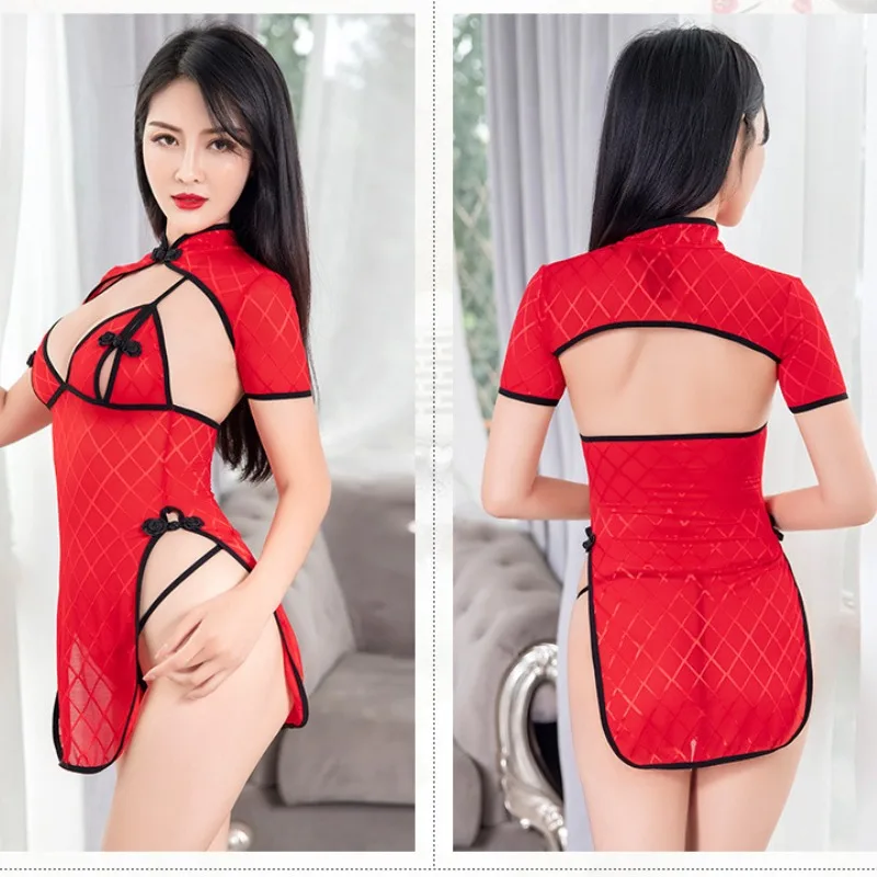 Сексуальный комплект нижнего белья, женское полое платье Cheongsam для косплея, экзотические комплекты, облегающие ночные рубашки с разрезом и перспективой, платья