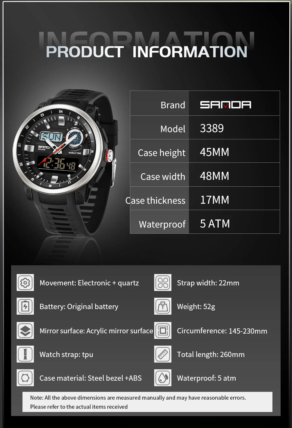 SANDA 3389 새로운 2025 남자 스포츠 석영 전자 디지털 LED 듀얼 디스플레이 남자 시계 방수 군사 충격 방지 시계
