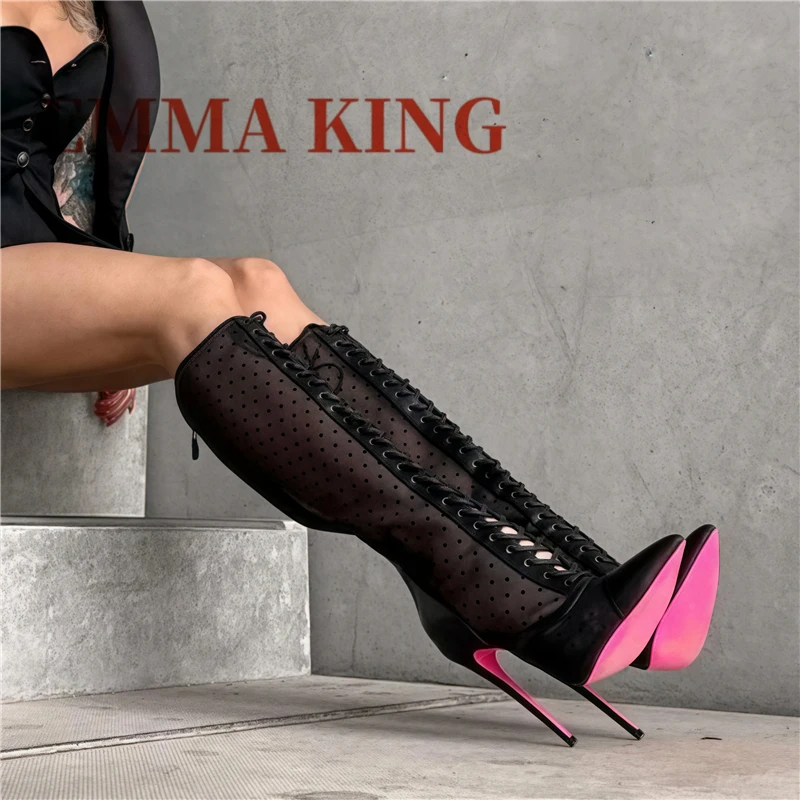 

Black Mesh Lace Up Knee High Boots Women Party Pointy Toe Back Zipper Thin High Heels Boots Ladies Nightclub Sexy Shoes