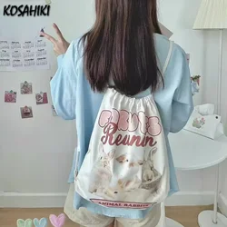 Japanese Sweet Rabbit Print Canvas Bags Fashion Preppy Y2k Aesthetic Students Backpacks All Match Kawaii Drawstring Schoolbags